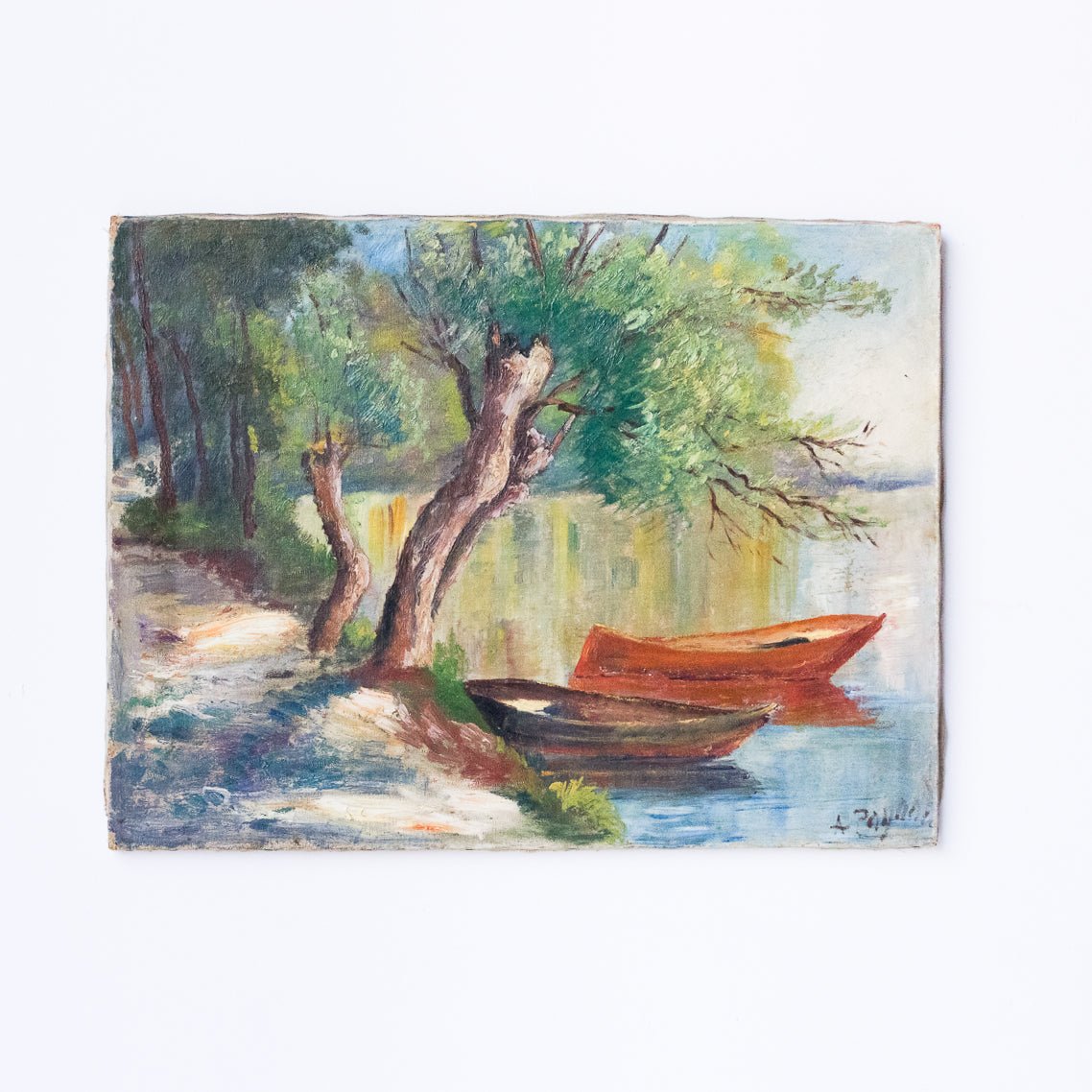 Paysage avec petits bateaux, peinture à l'huile