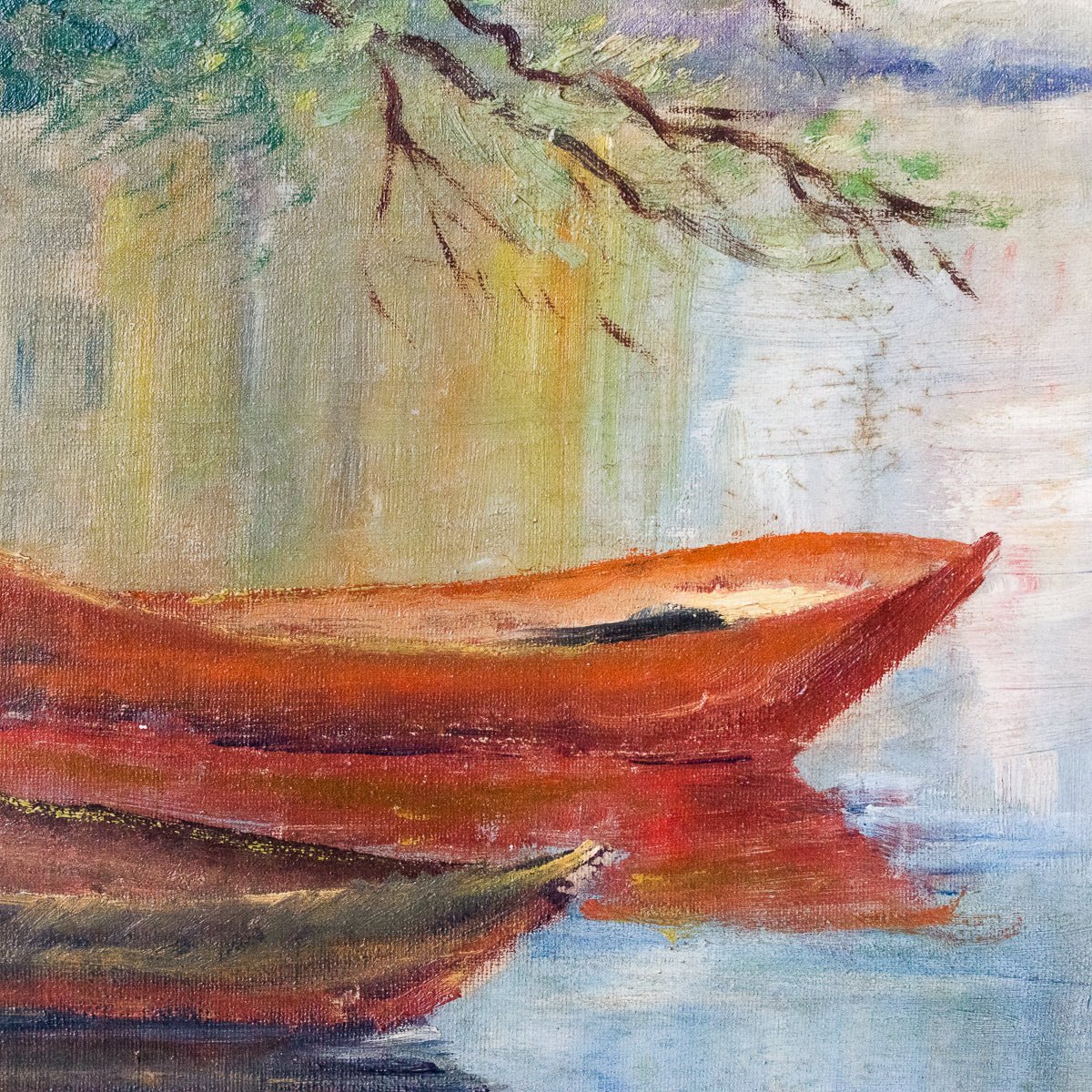 Paysage avec petits bateaux, peinture à l'huile