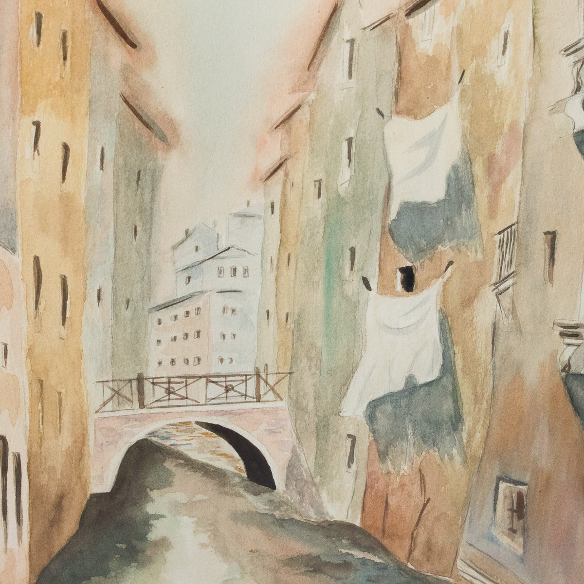 Aquarelle représentant un village avec un canal