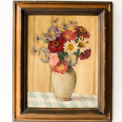 Nature morte florale avec drapé jaune, peinture à l'huile