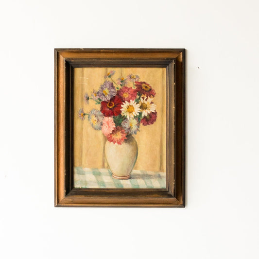 Nature morte florale avec drapé jaune, peinture à l'huile