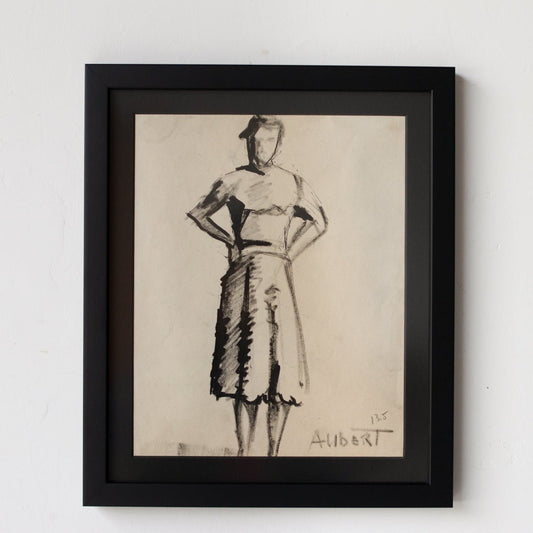 Encre et aquarelle encadrée : Femme aux mains sur les hanches | Guy Aubert
