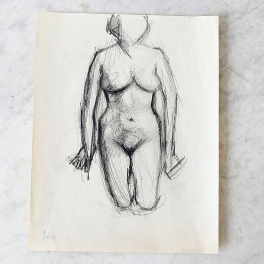 Dessin au fusain d'un nu à genoux
