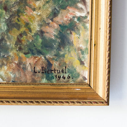 Paysage avec château au loin, peinture à l'huile | Datée de 1946