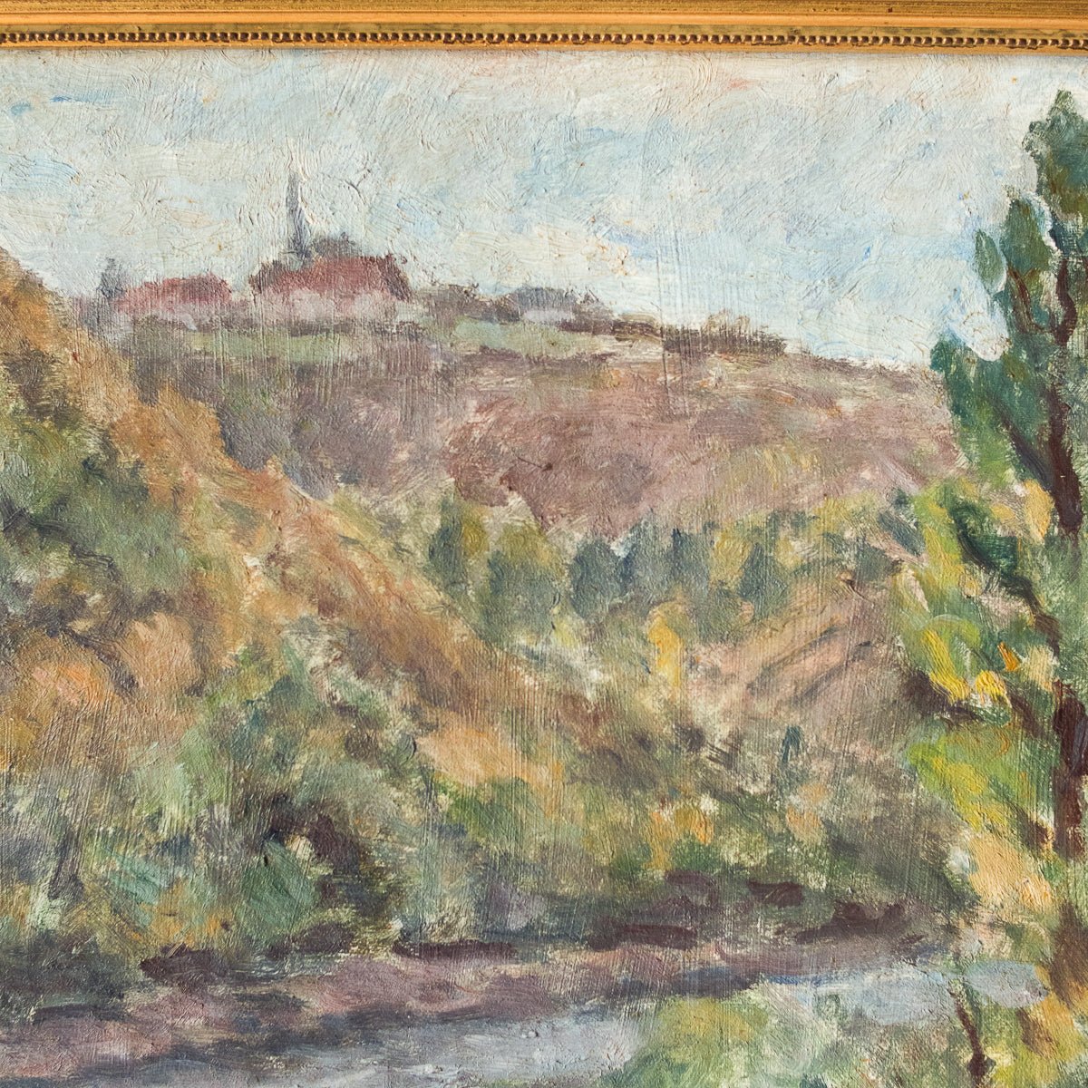 Paysage avec château au loin, peinture à l'huile | Datée de 1946