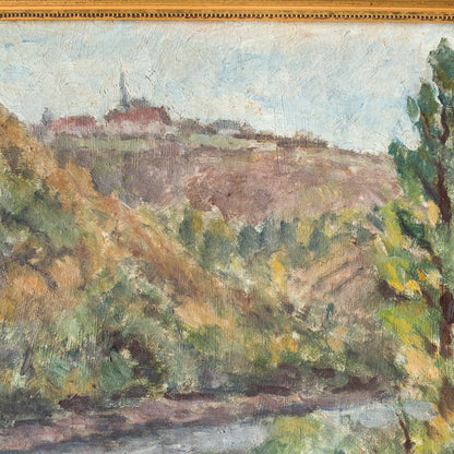 Paysage avec château au loin, peinture à l'huile | Datée de 1946