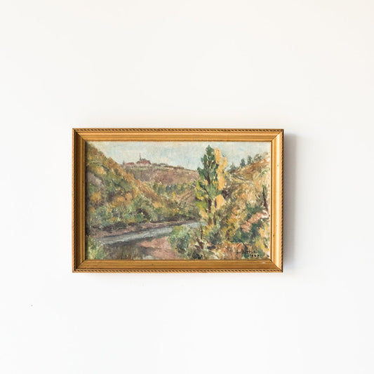 Paysage avec château au loin, peinture à l'huile | Datée de 1946