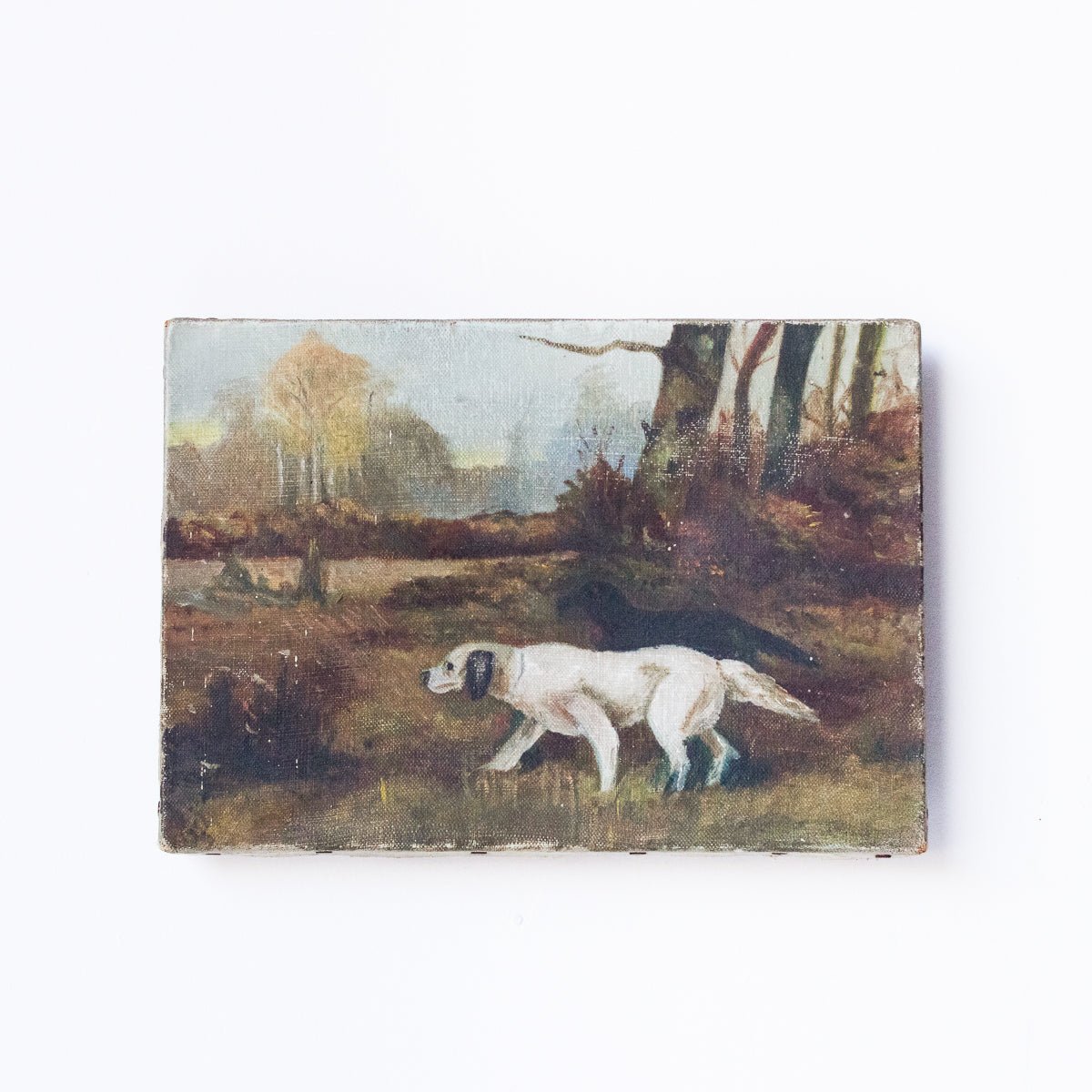 Paysage avec chien de chasse, peinture à l'huile