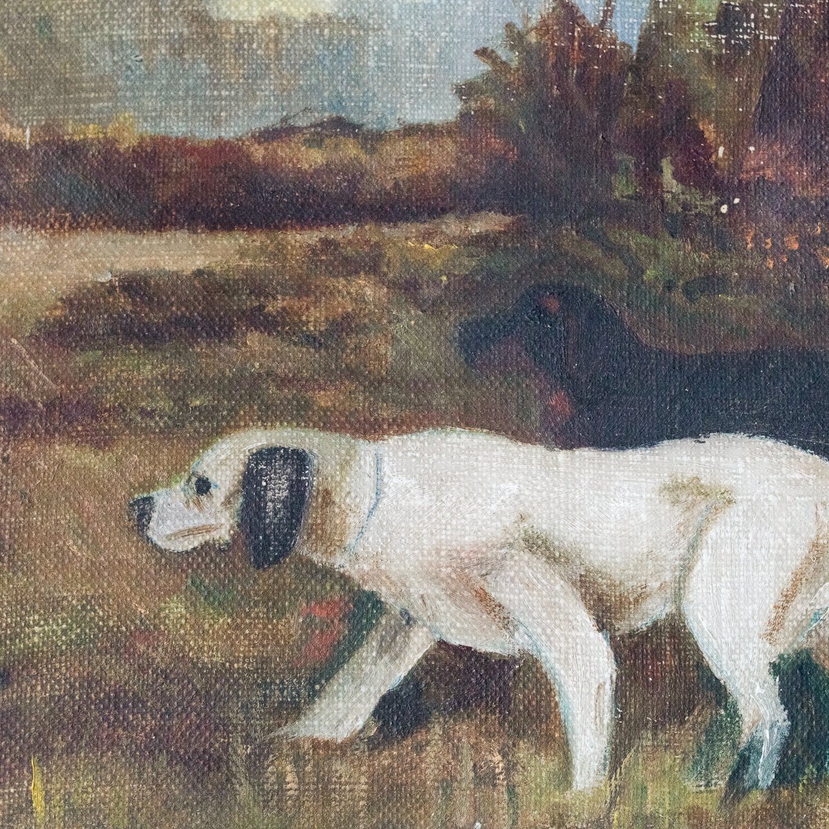Paysage avec chien de chasse, peinture à l'huile