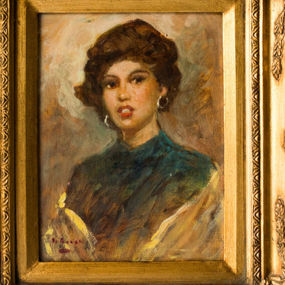 Portrait de femme en robe verte, peinture à l'huile