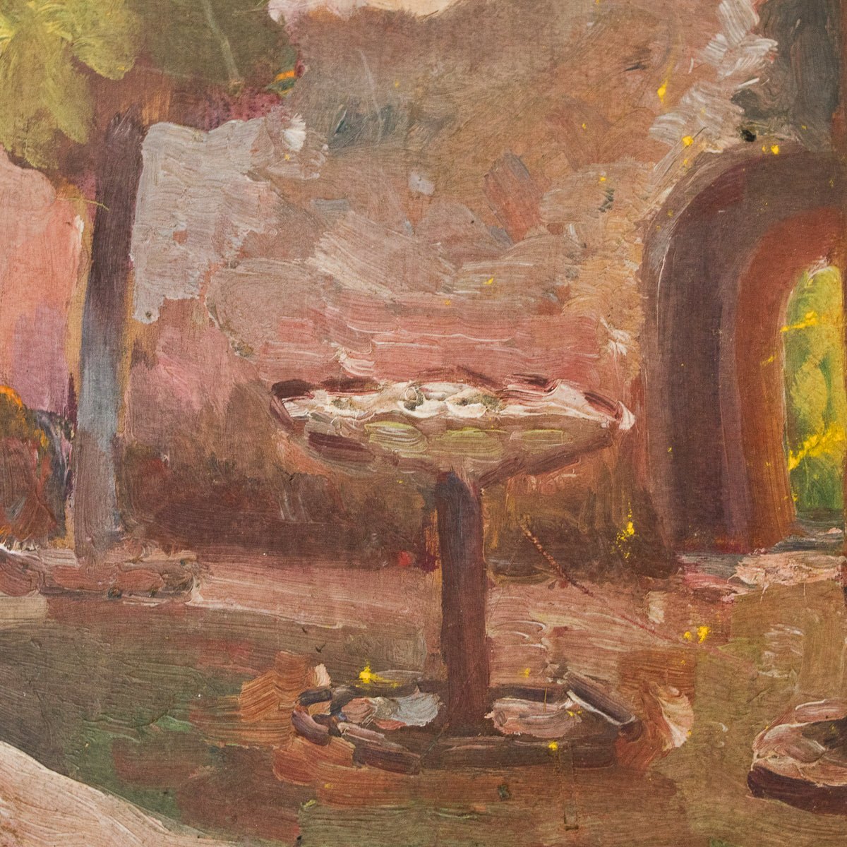 Scène avec fontaine, peinture à l'huile