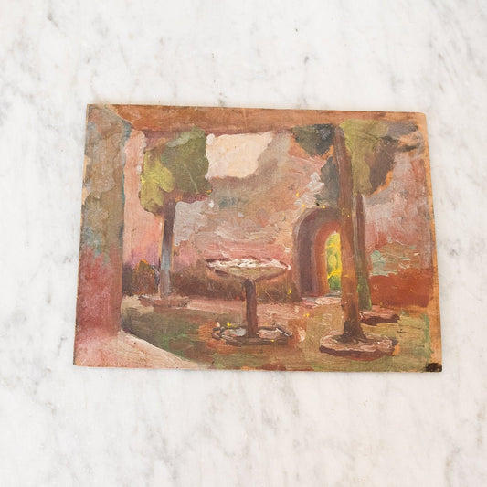 Scène avec fontaine, peinture à l'huile