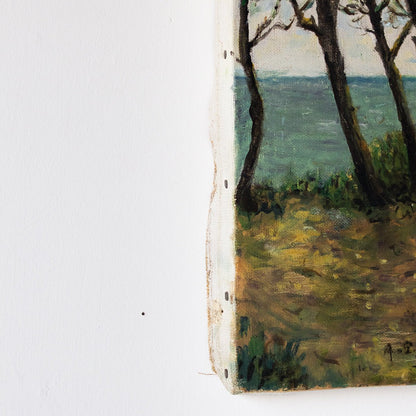 Paysage marin avec des arbres feuillus, peinture à l'huile