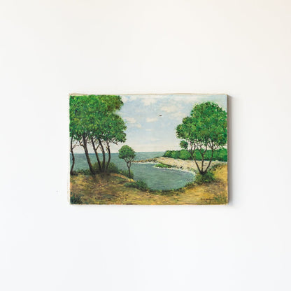 Paysage marin avec des arbres feuillus, peinture à l'huile