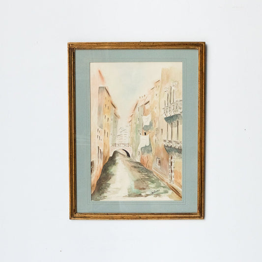 Aquarelle représentant un village avec un canal